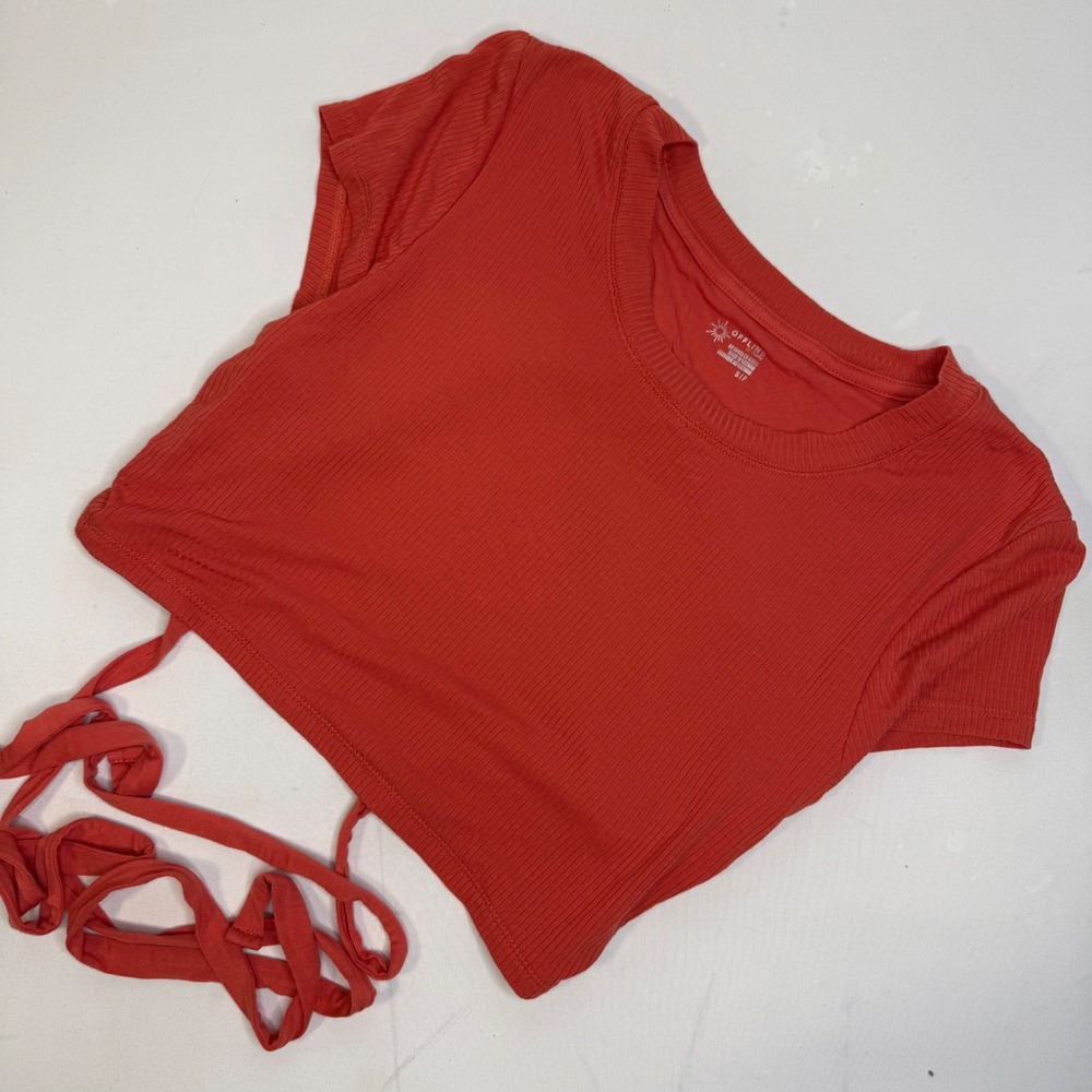 OFFLINE by Aerie Ribbed Open Back Tie Crop Top Gym Coral Orange Small‎